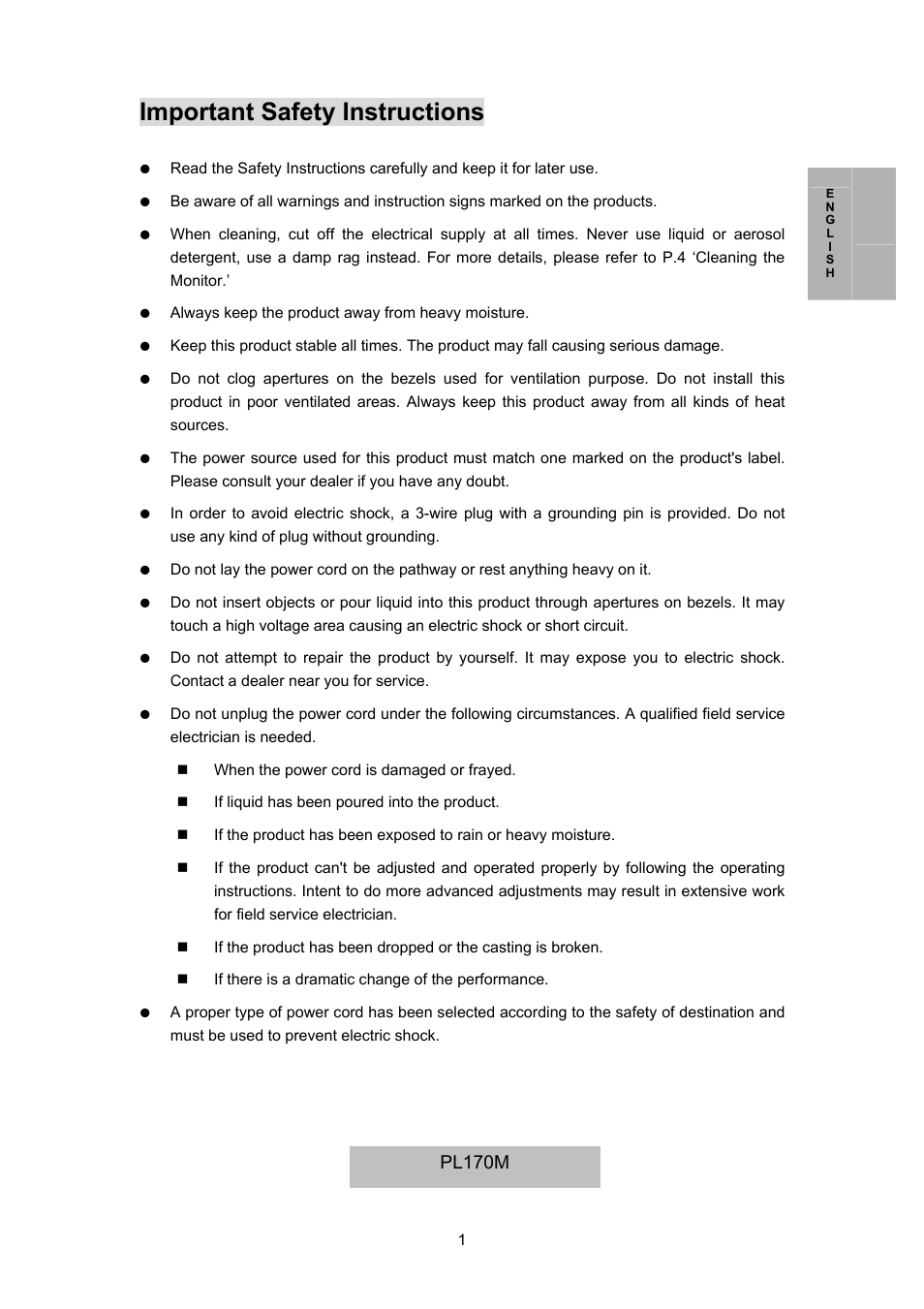 Important safety instructions, Pl170m | Planar PL170M User Manual | Page 2 / 16