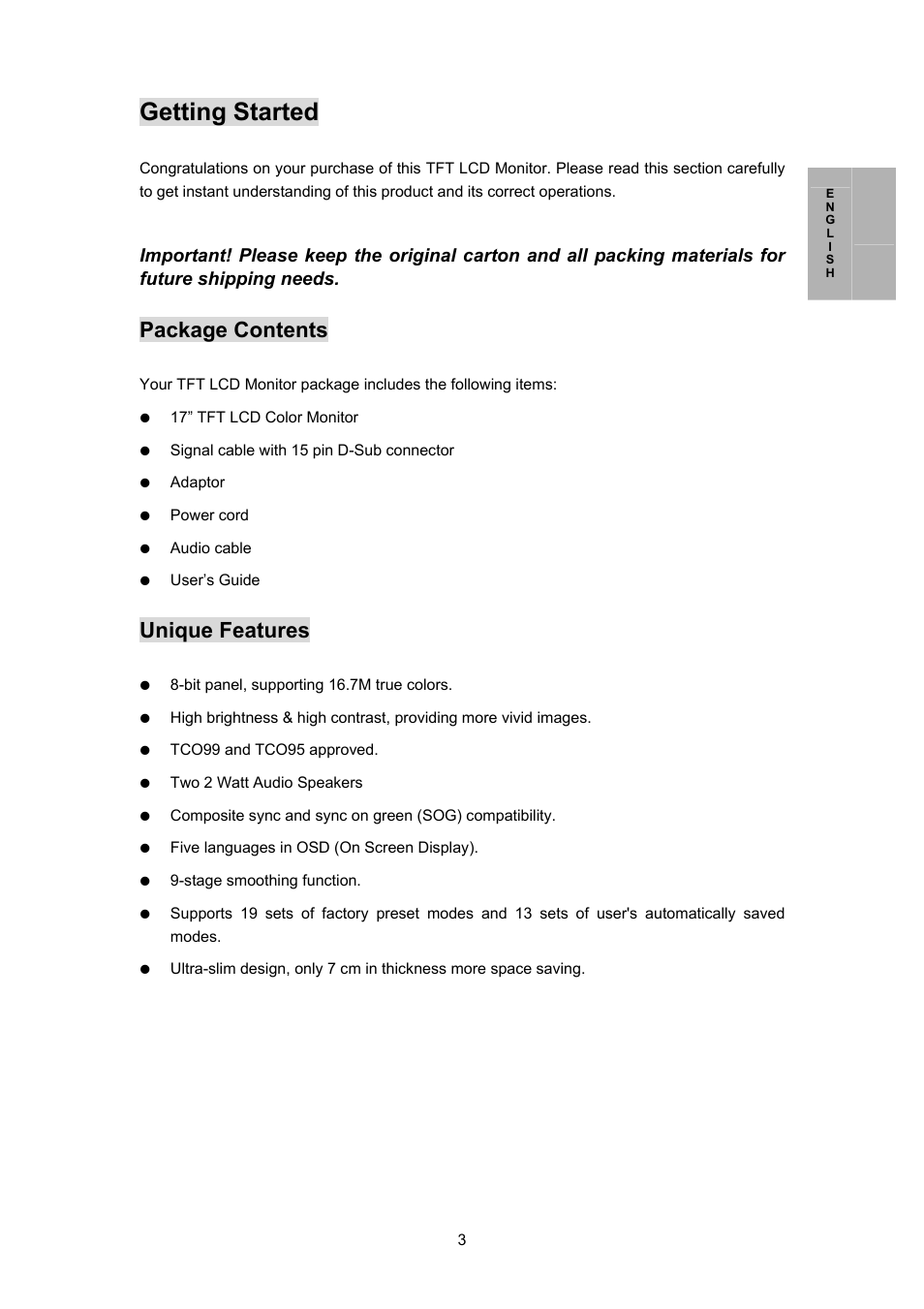 Getting started, Package contents, Unique features | Planar PL170M User Manual | Page 4 / 16