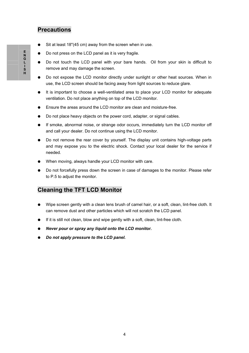 Precautions, Cleaning the tft lcd monitor | Planar PL170M User Manual | Page 5 / 16