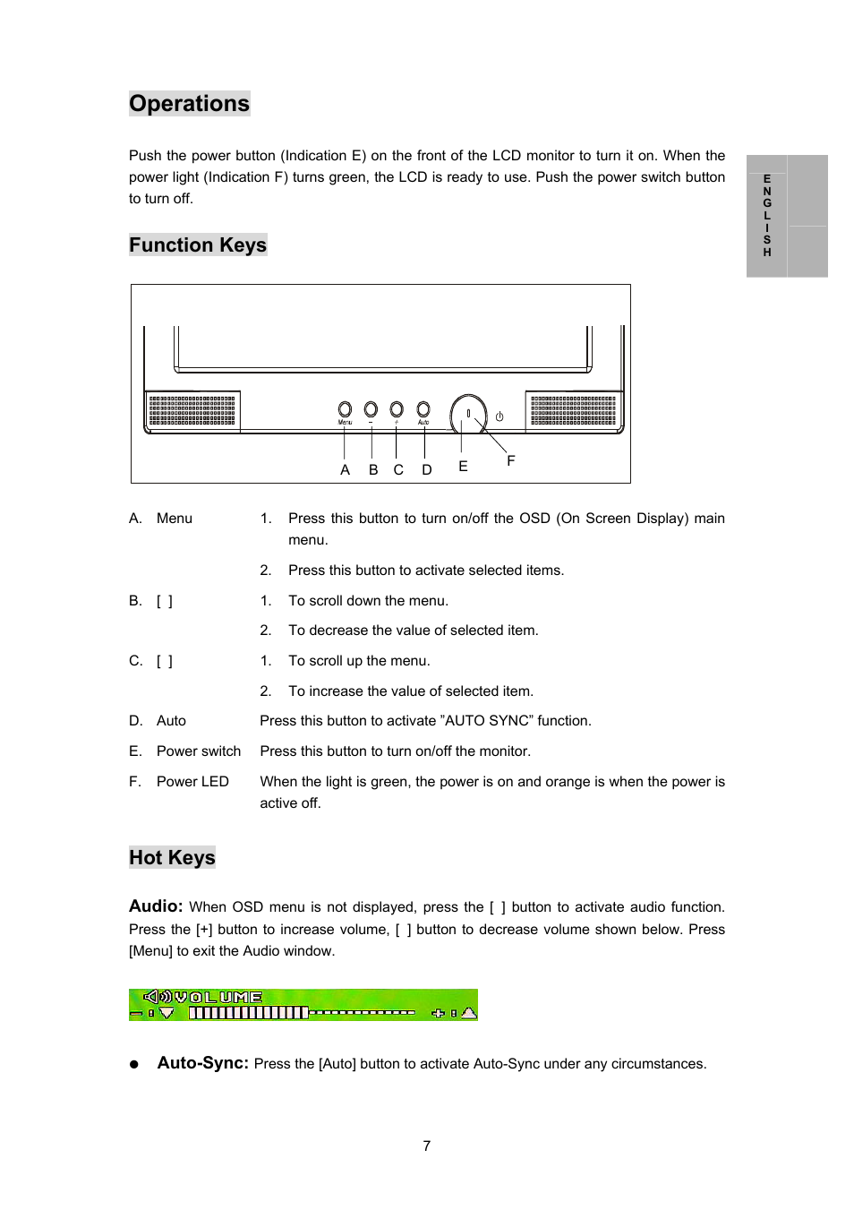 Operations, Function keys, Hot keys | Planar PL170M User Manual | Page 8 / 16