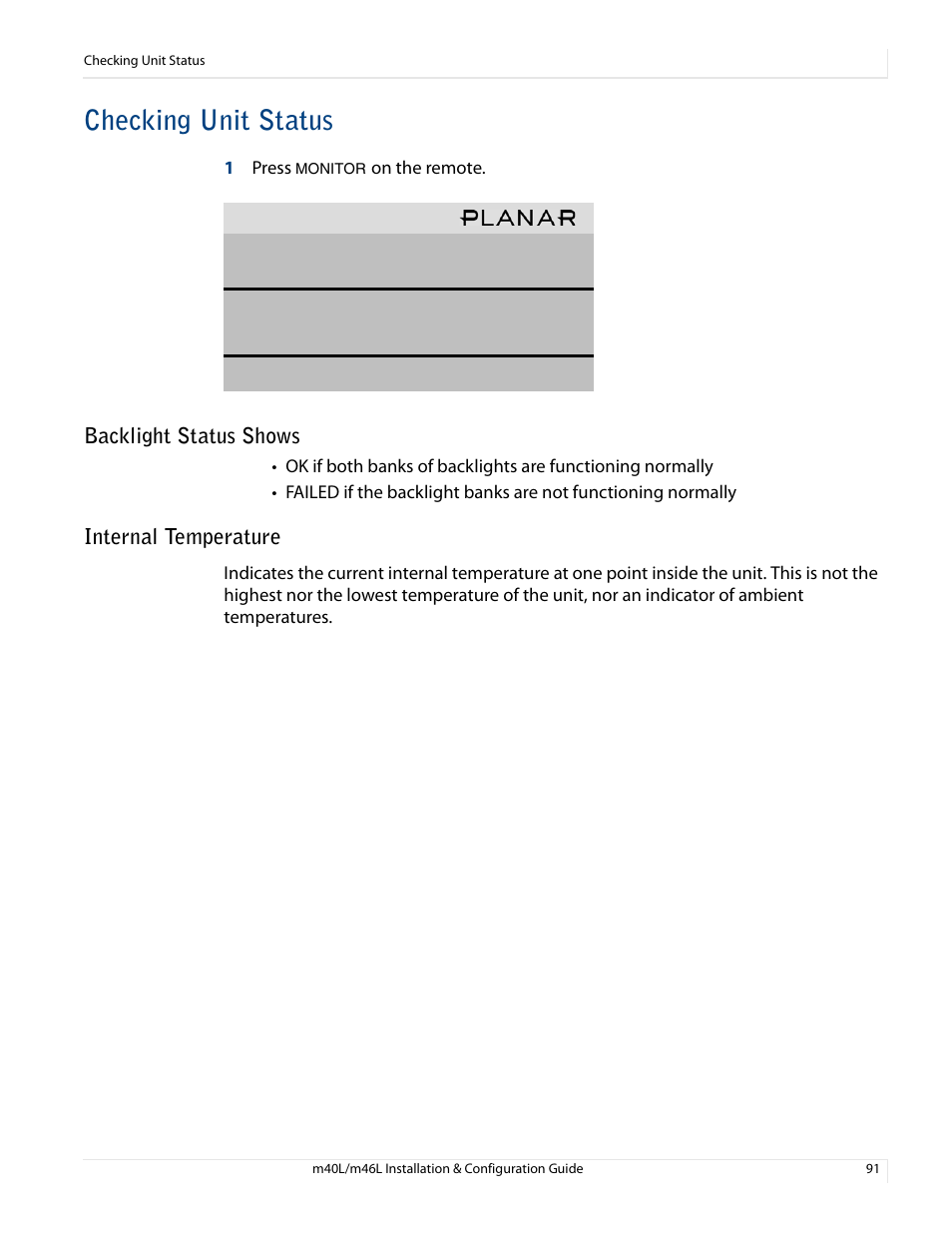 Checking unit status, Backlight status shows, Internal temperature | Backlight status shows internal temperature | Planar M46L User Manual | Page 101 / 116