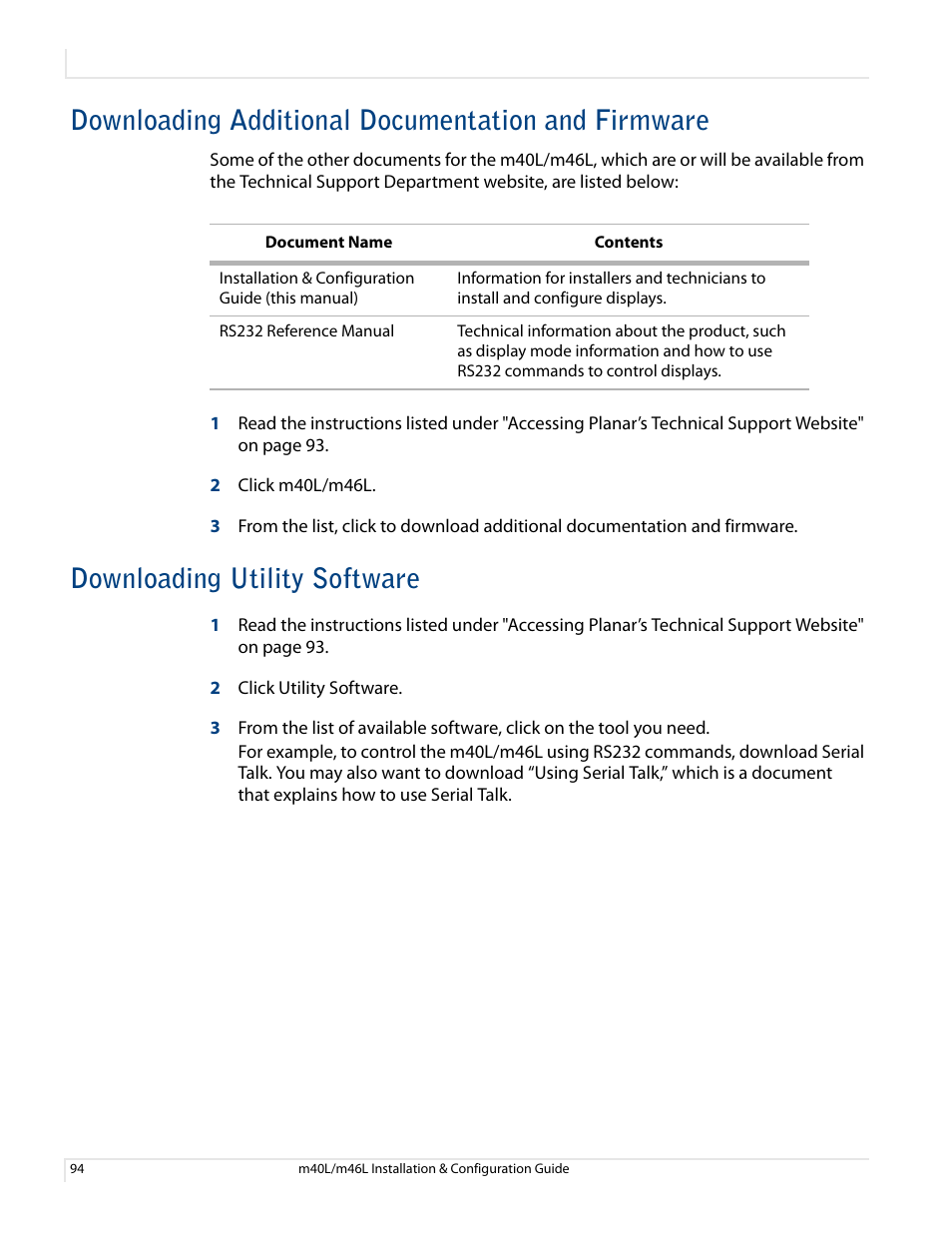 Downloading additional documentation and firmware, Downloading utility software | Planar M46L User Manual | Page 104 / 116