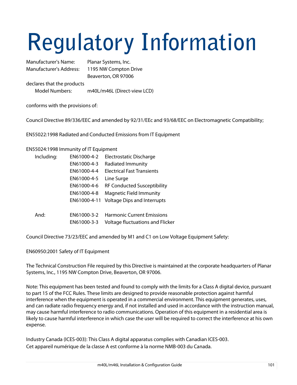 Regulatory information | Planar M46L User Manual | Page 111 / 116