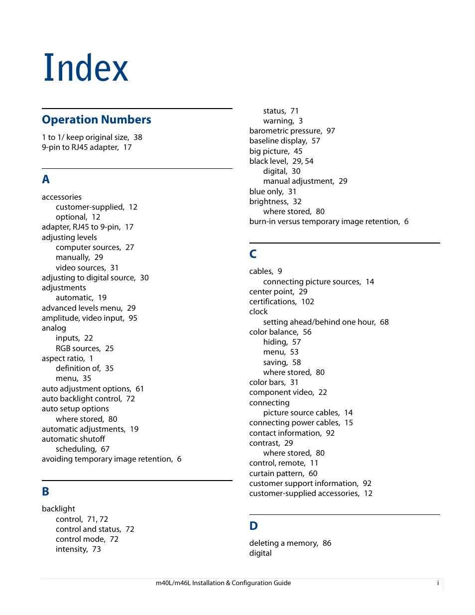 Index, Operation numbers | Planar M46L User Manual | Page 113 / 116