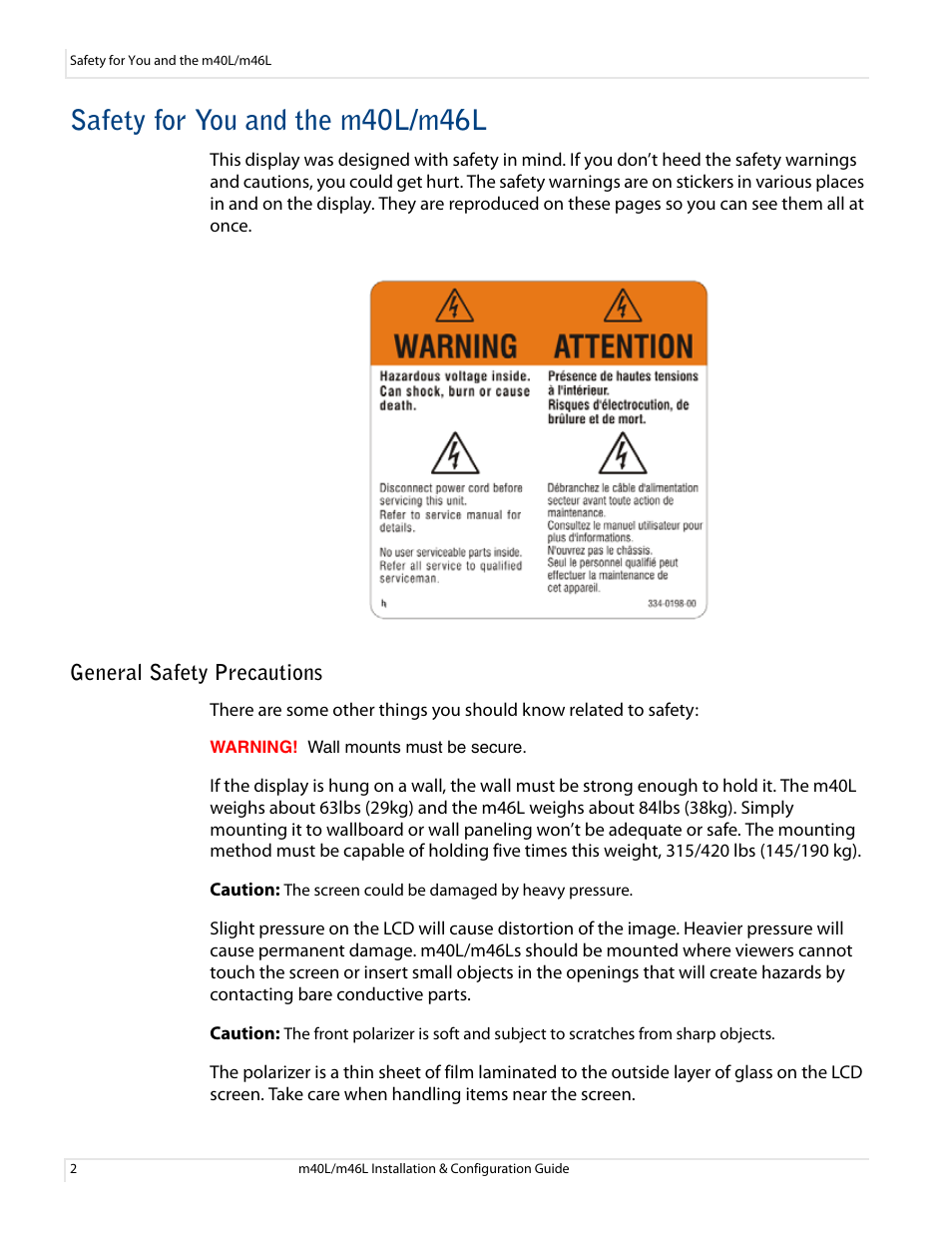 Safety for you and the m40l/m46l, General safety precautions | Planar M46L User Manual | Page 12 / 116