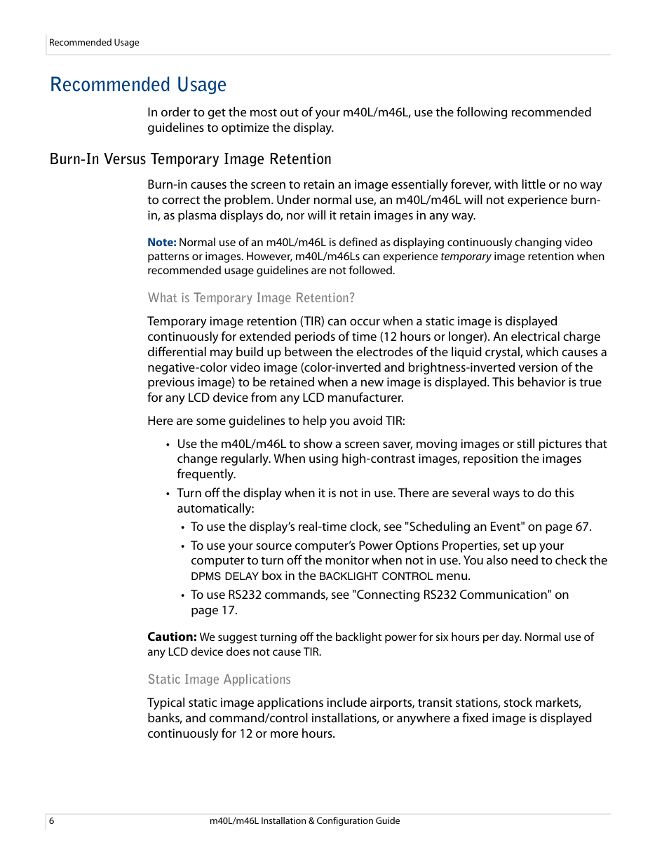 Recommended usage, Burn-in versus temporary image retention | Planar M46L User Manual | Page 16 / 116