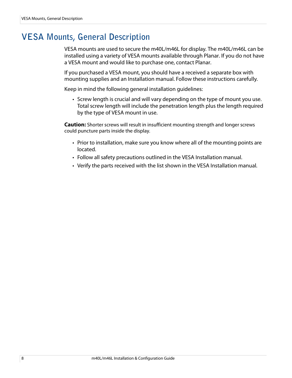 Vesa mounts, general description | Planar M46L User Manual | Page 18 / 116