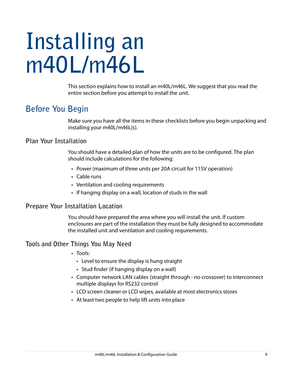 Before you begin, Plan your installation, Prepare your installation location | Tools and other things you may need, Installing an m40l/m46l | Planar M46L User Manual | Page 19 / 116
