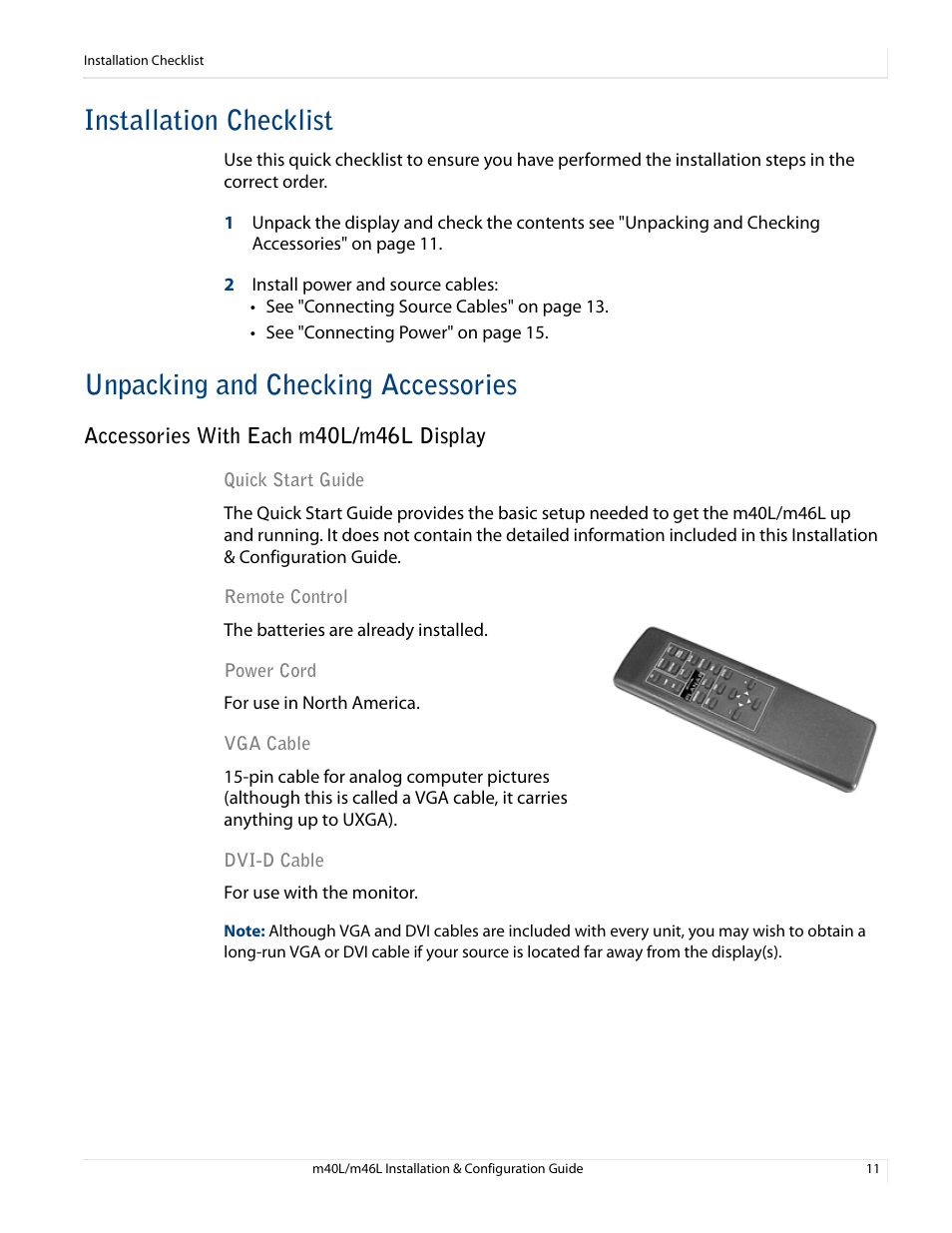 Installation checklist, Unpacking and checking accessories, Accessories with each m40l/m46l display | Accessories with | Planar M46L User Manual | Page 21 / 116