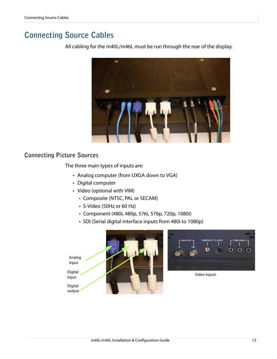 Connecting source cables, Connecting picture sources | Planar M46L User Manual | Page 23 / 116