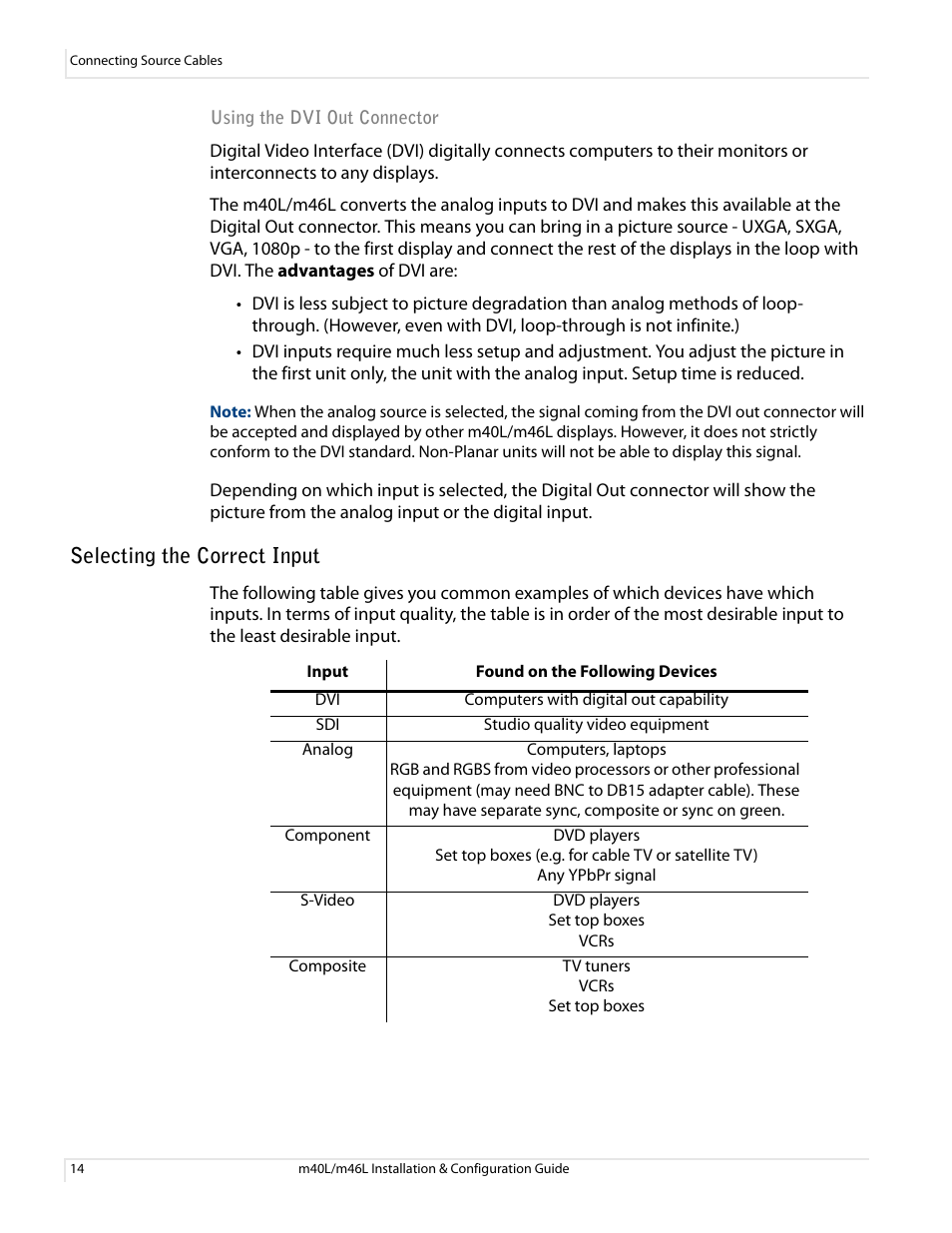 Selecting the correct input, Using the dvi out connector | Planar M46L User Manual | Page 24 / 116