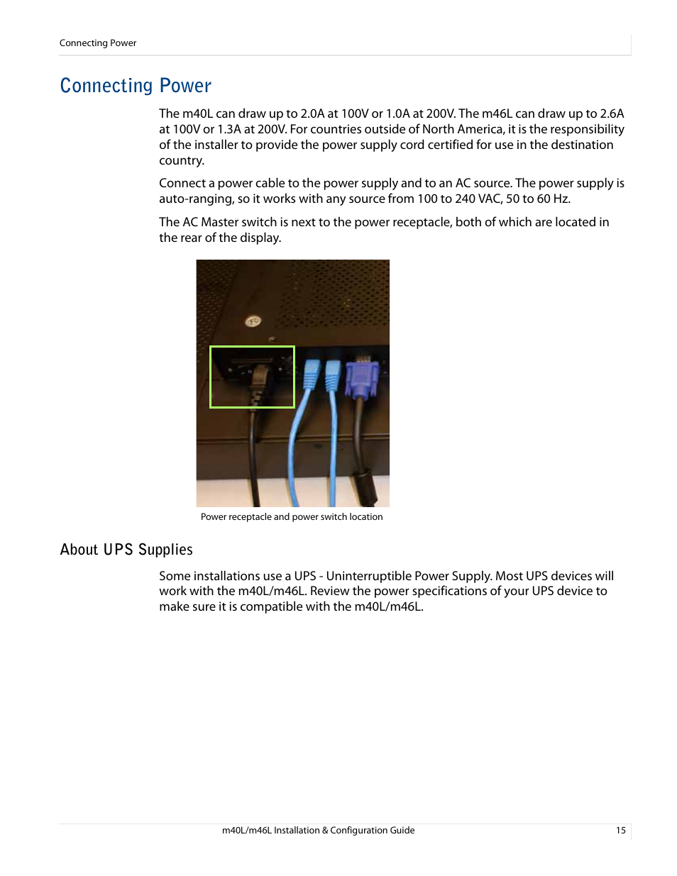 Connecting power, About ups supplies | Planar M46L User Manual | Page 25 / 116