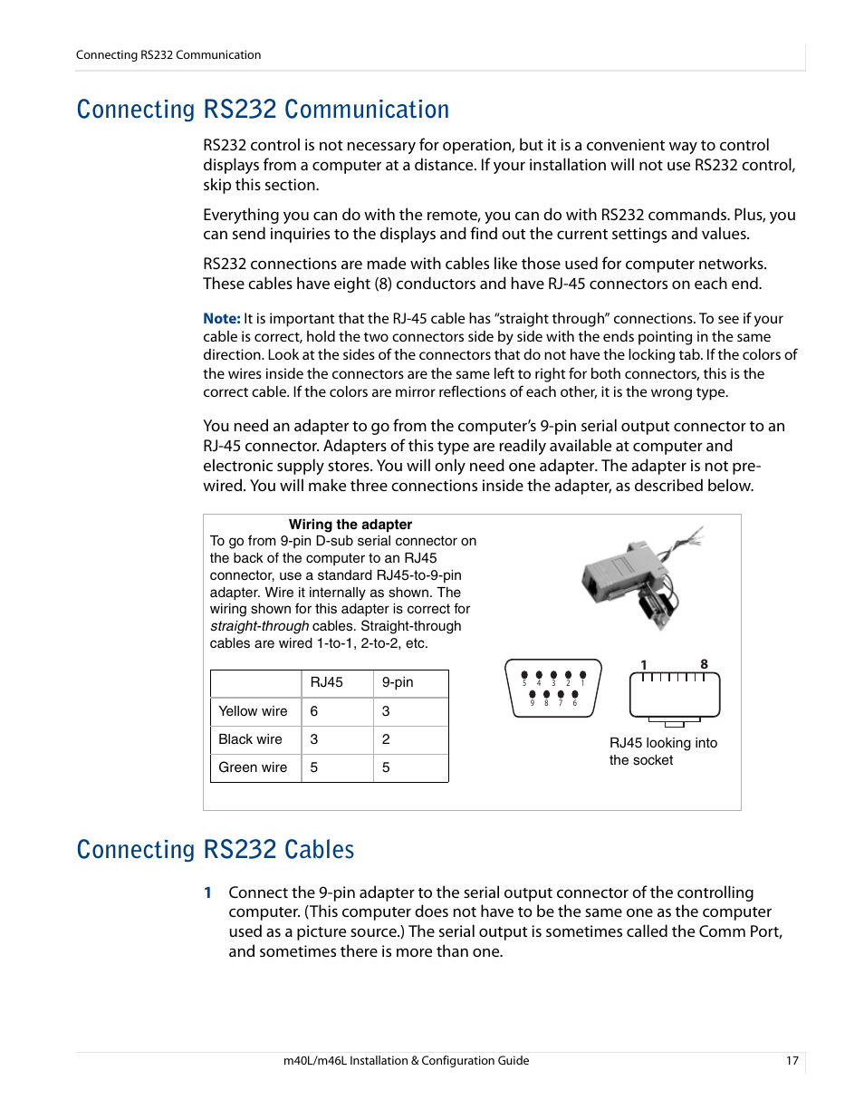 Connecting rs232 communication, Connecting rs232 cables | Planar M46L User Manual | Page 27 / 116