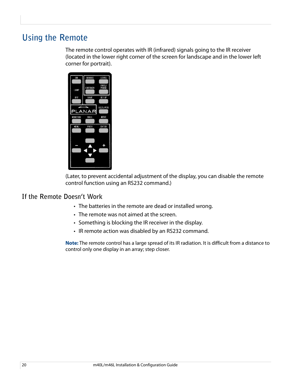 Using the remote, If the remote doesn’t work | Planar M46L User Manual | Page 30 / 116