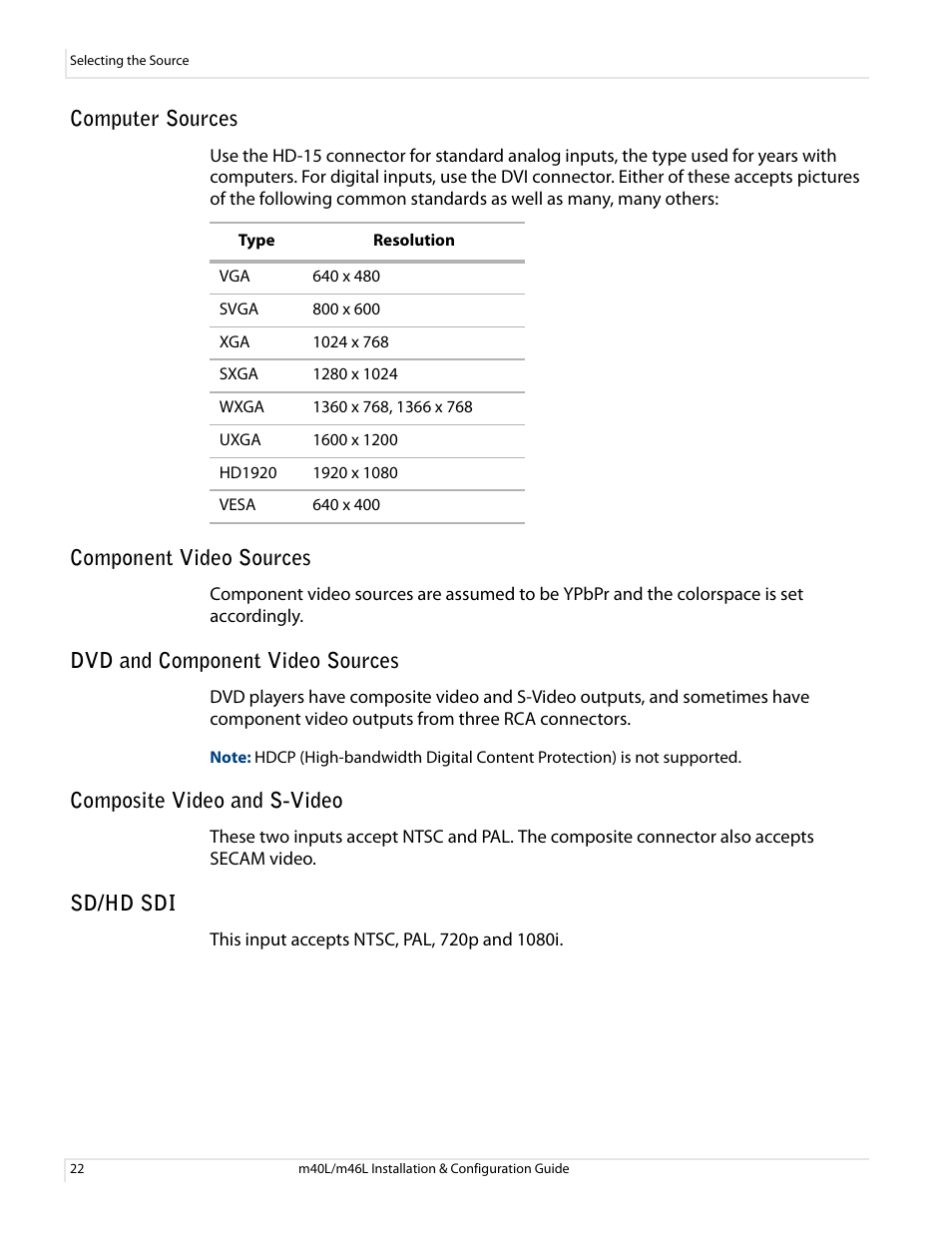 Computer sources, Component video sources, Dvd and component video sources | Composite video and s-video, Sd/hd sdi | Planar M46L User Manual | Page 32 / 116