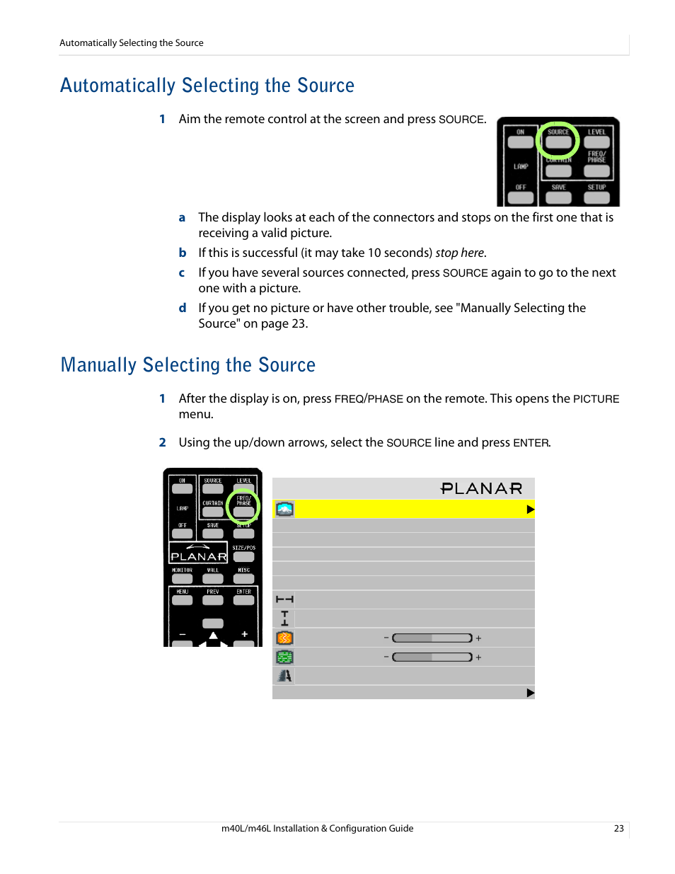 Automatically selecting the source, Manually selecting the source | Planar M46L User Manual | Page 33 / 116