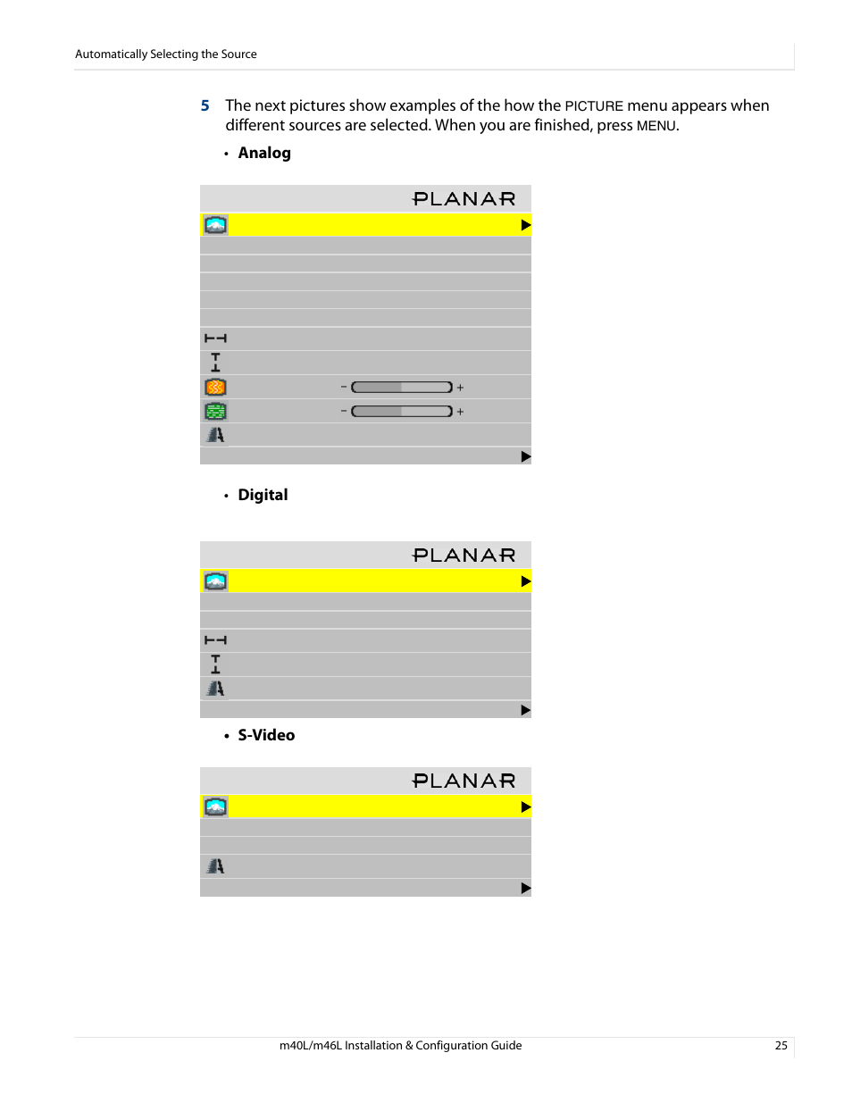 5the next pictures show examples of the how the, Analog • digital • s-video | Planar M46L User Manual | Page 35 / 116
