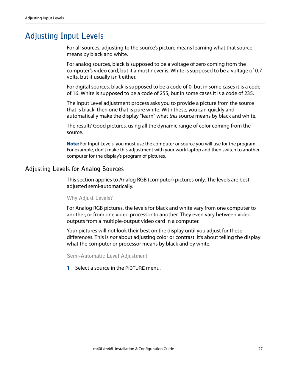 Adjusting input levels, Adjusting levels for analog sources, Why adjust levels? semi-automatic level adjustment | Planar M46L User Manual | Page 37 / 116
