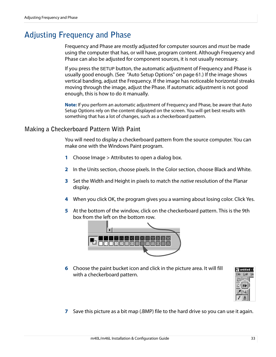 Adjusting frequency and phase, Making a checkerboard pattern with paint | Planar M46L User Manual | Page 43 / 116
