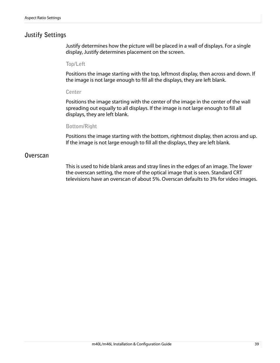 Justify settings, Overscan, Top/left center bottom/right | Planar M46L User Manual | Page 49 / 116