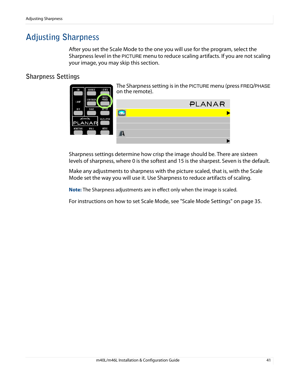 Adjusting sharpness, Sharpness settings | Planar M46L User Manual | Page 51 / 116