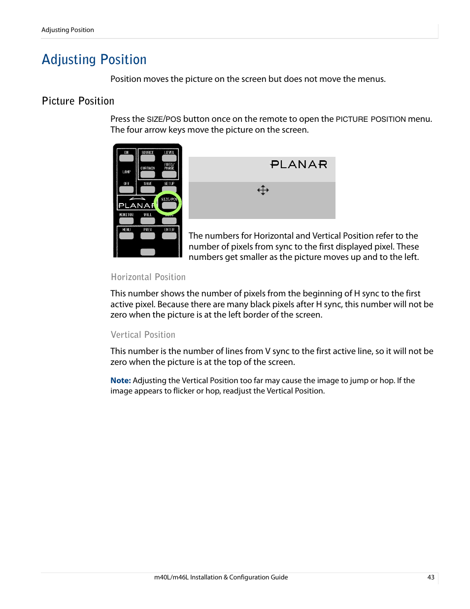 Adjusting position, Picture position, Horizontal position vertical position | Planar M46L User Manual | Page 53 / 116
