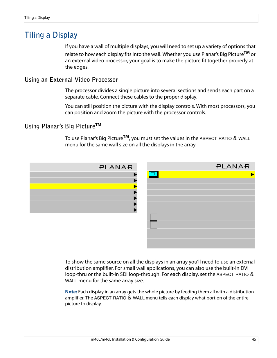Tiling a display, Using an external video processor, Using planar’s big picturetm | Using planar’s big picture | Planar M46L User Manual | Page 55 / 116