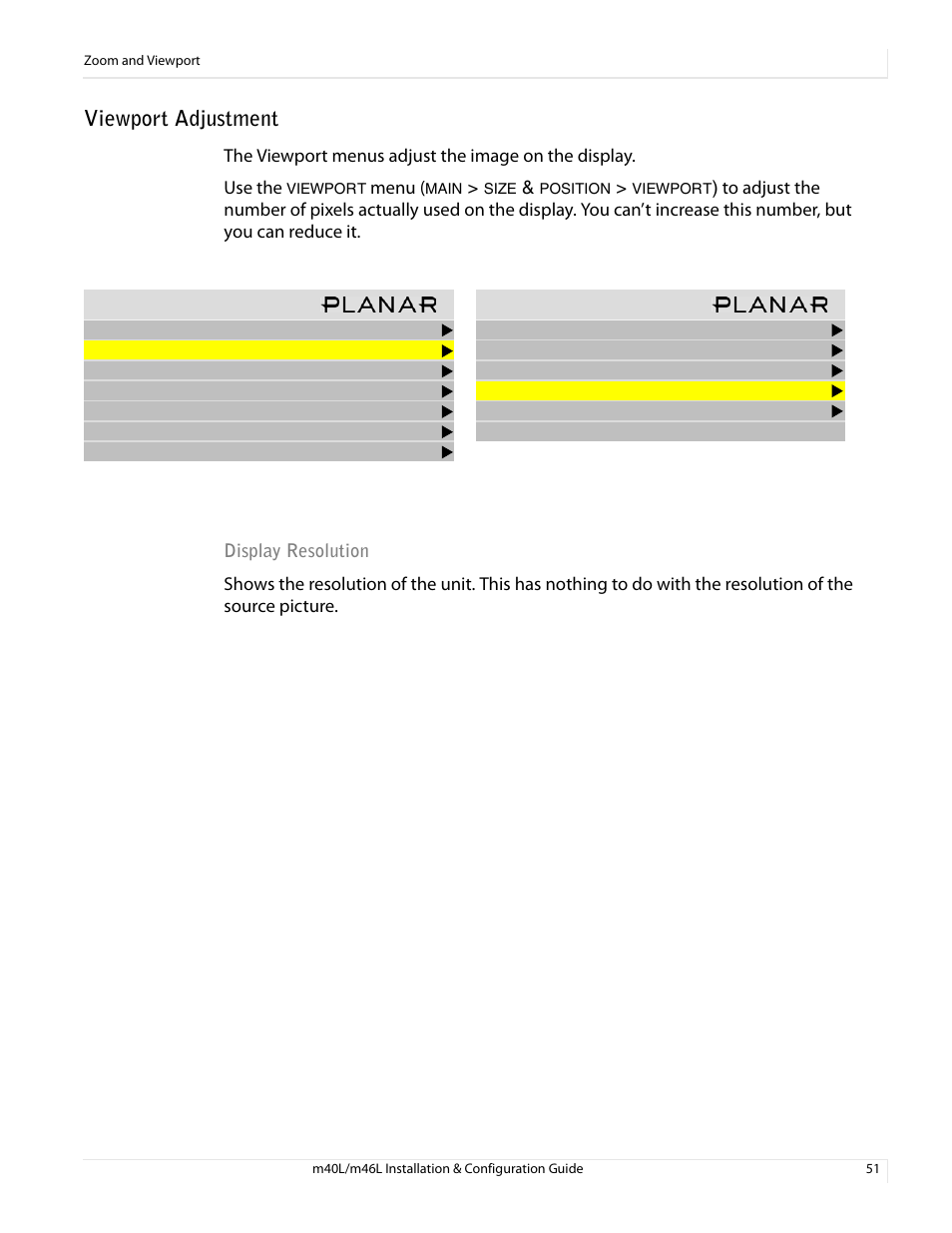 Viewport adjustment, Display resolution, Menu | Planar M46L User Manual | Page 61 / 116