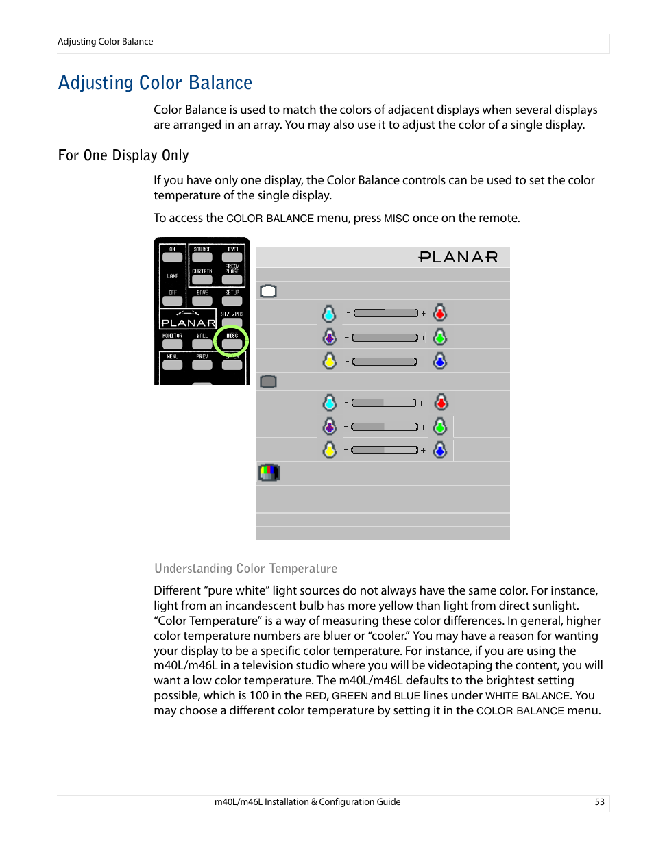 Adjusting color balance, For one display only, Understanding color temperature | Menu, press, Lines under, Menu | Planar M46L User Manual | Page 63 / 116