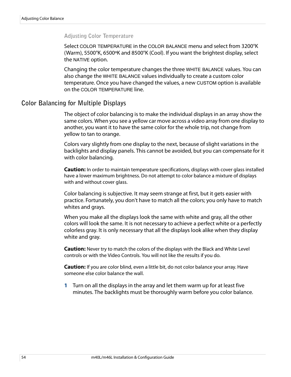 Color balancing for multiple displays, Adjusting color temperature | Planar M46L User Manual | Page 64 / 116