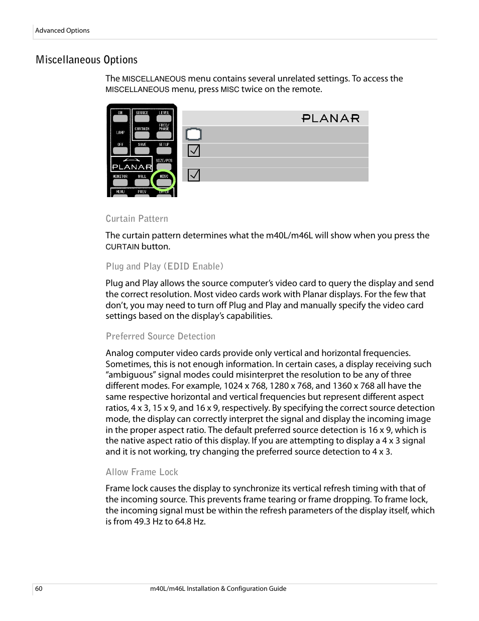 Miscellaneous options | Planar M46L User Manual | Page 70 / 116
