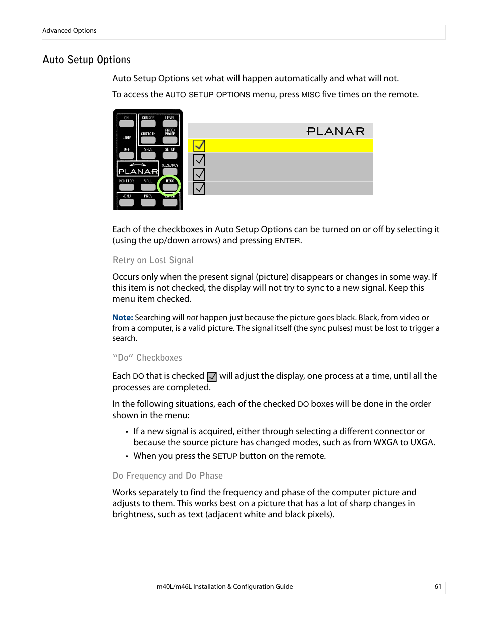 Auto setup options | Planar M46L User Manual | Page 71 / 116