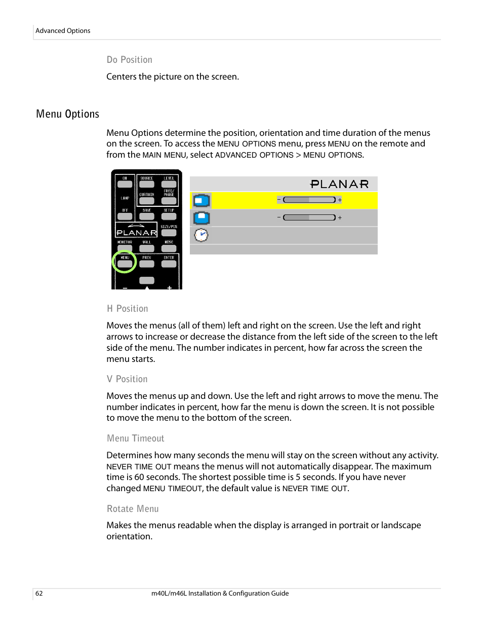 Menu options, Do position, H position v position menu timeout rotate menu | Planar M46L User Manual | Page 72 / 116
