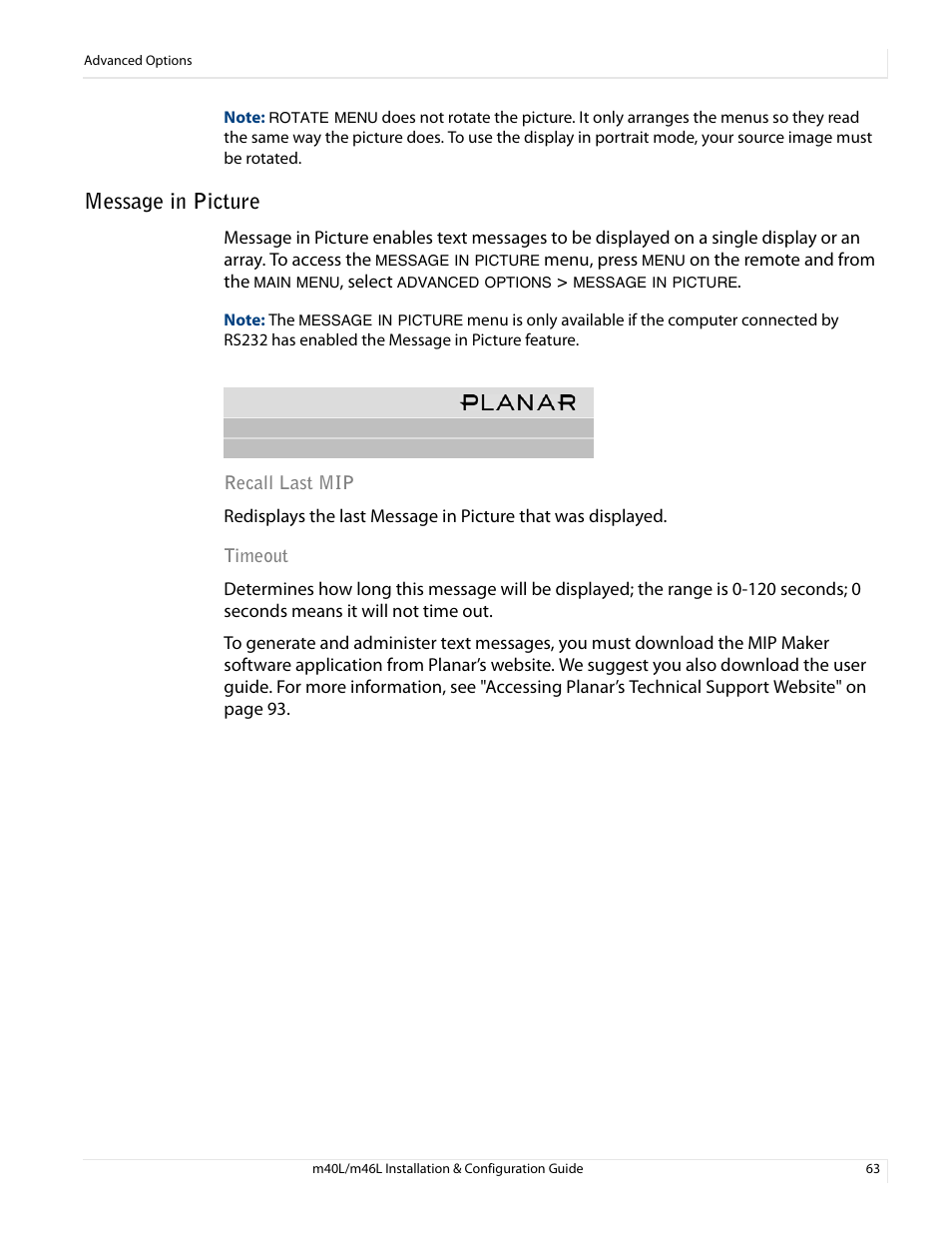 Message in picture, Recall last mip timeout | Planar M46L User Manual | Page 73 / 116