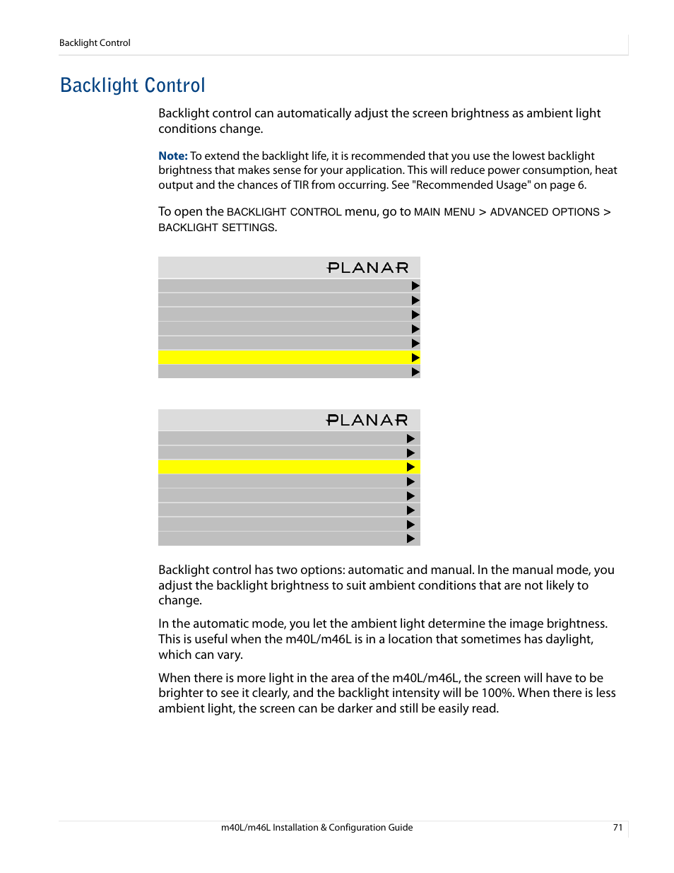 Backlight control | Planar M46L User Manual | Page 81 / 116