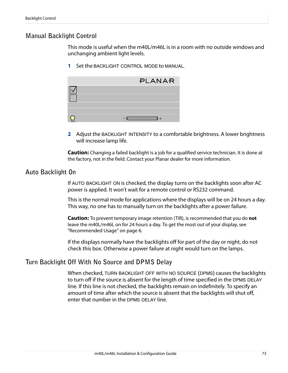 Manual backlight control, Auto backlight on, Turn backlight off with no source and dpms delay | Planar M46L User Manual | Page 83 / 116