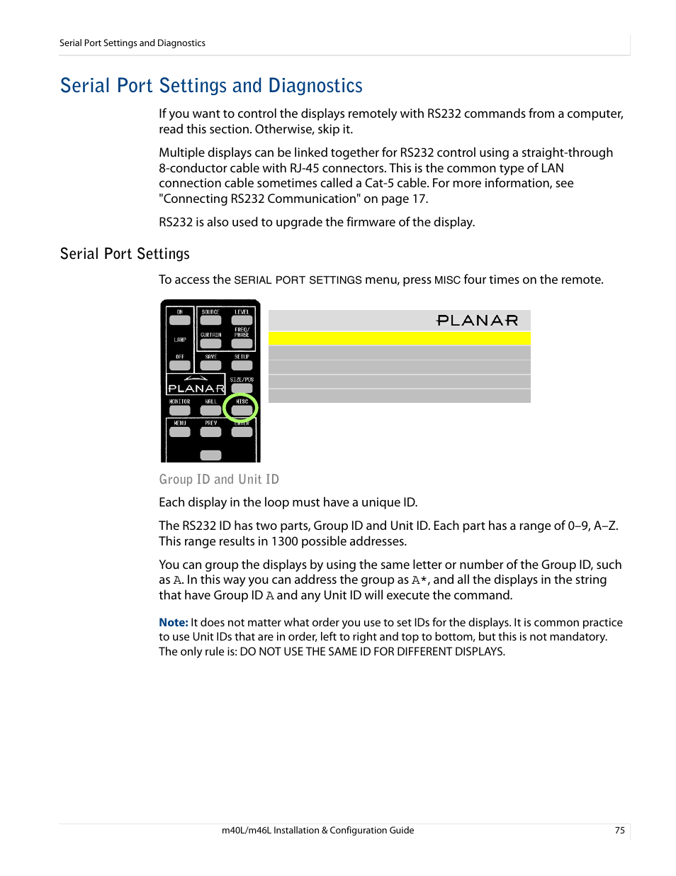 Serial port settings and diagnostics, Serial port settings, Group id and unit id | Planar M46L User Manual | Page 85 / 116