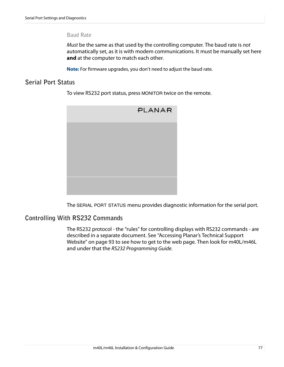 Serial port status, Controlling with rs232 commands, Baud rate | Serial port status controlling with rs232 commands, Twice on the remote. the | Planar M46L User Manual | Page 87 / 116