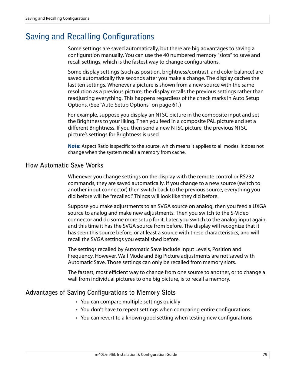 Saving and recalling configurations, How automatic save works | Planar M46L User Manual | Page 89 / 116