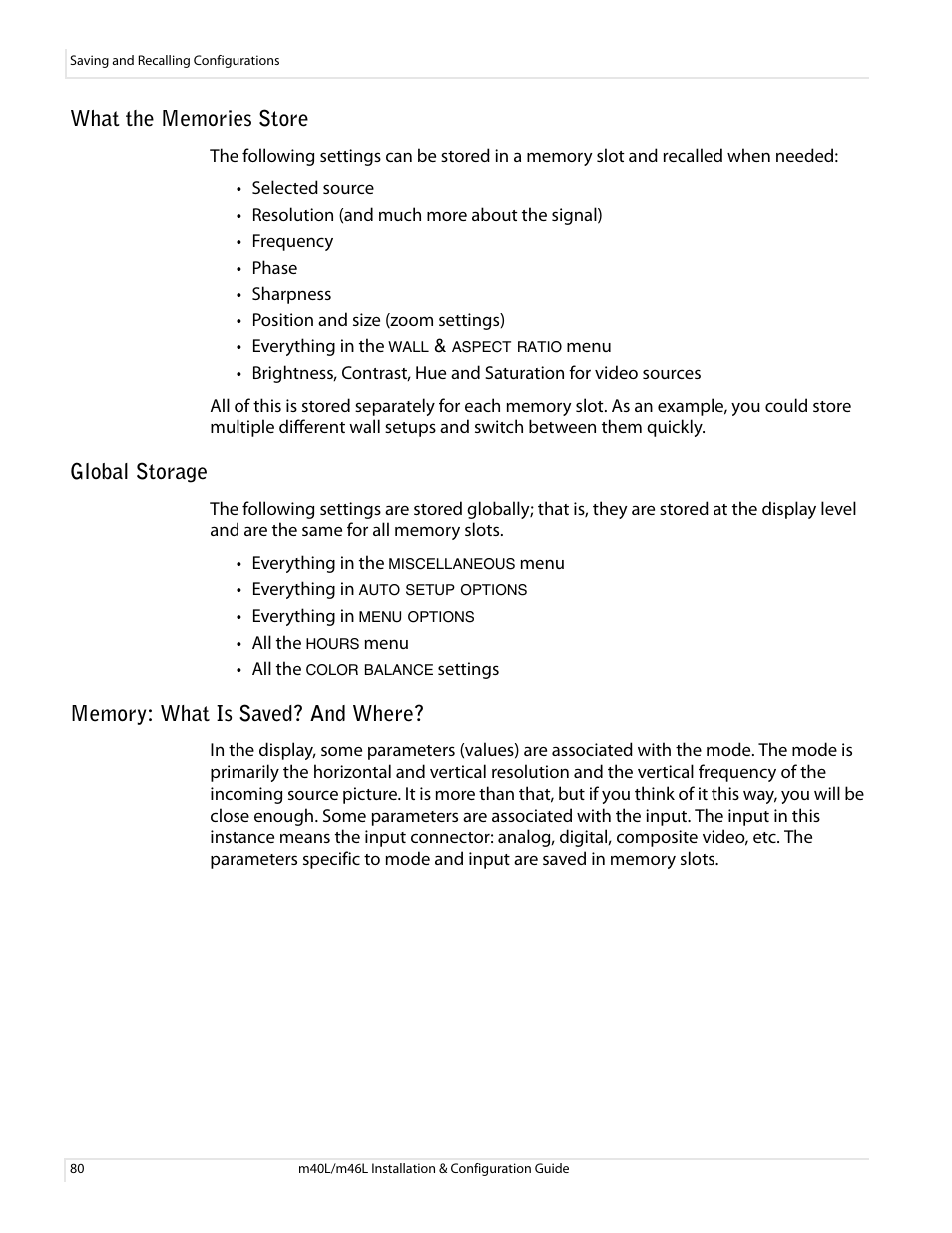 What the memories store, Global storage, Memory: what is saved? and where | Planar M46L User Manual | Page 90 / 116