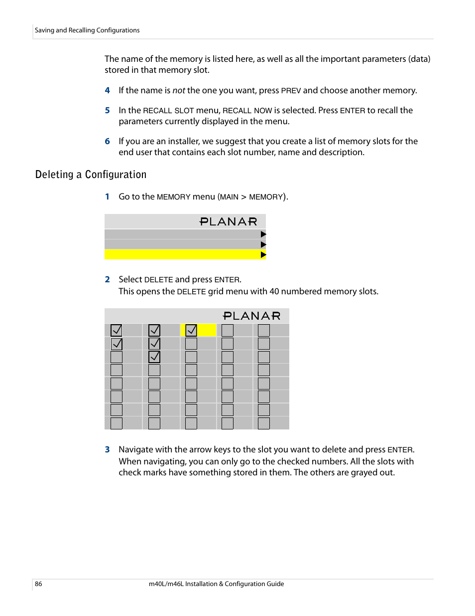 Deleting a configuration, Menu, Is selected. press | 1go to the, 2 select, And press, This opens the | Planar M46L User Manual | Page 96 / 116