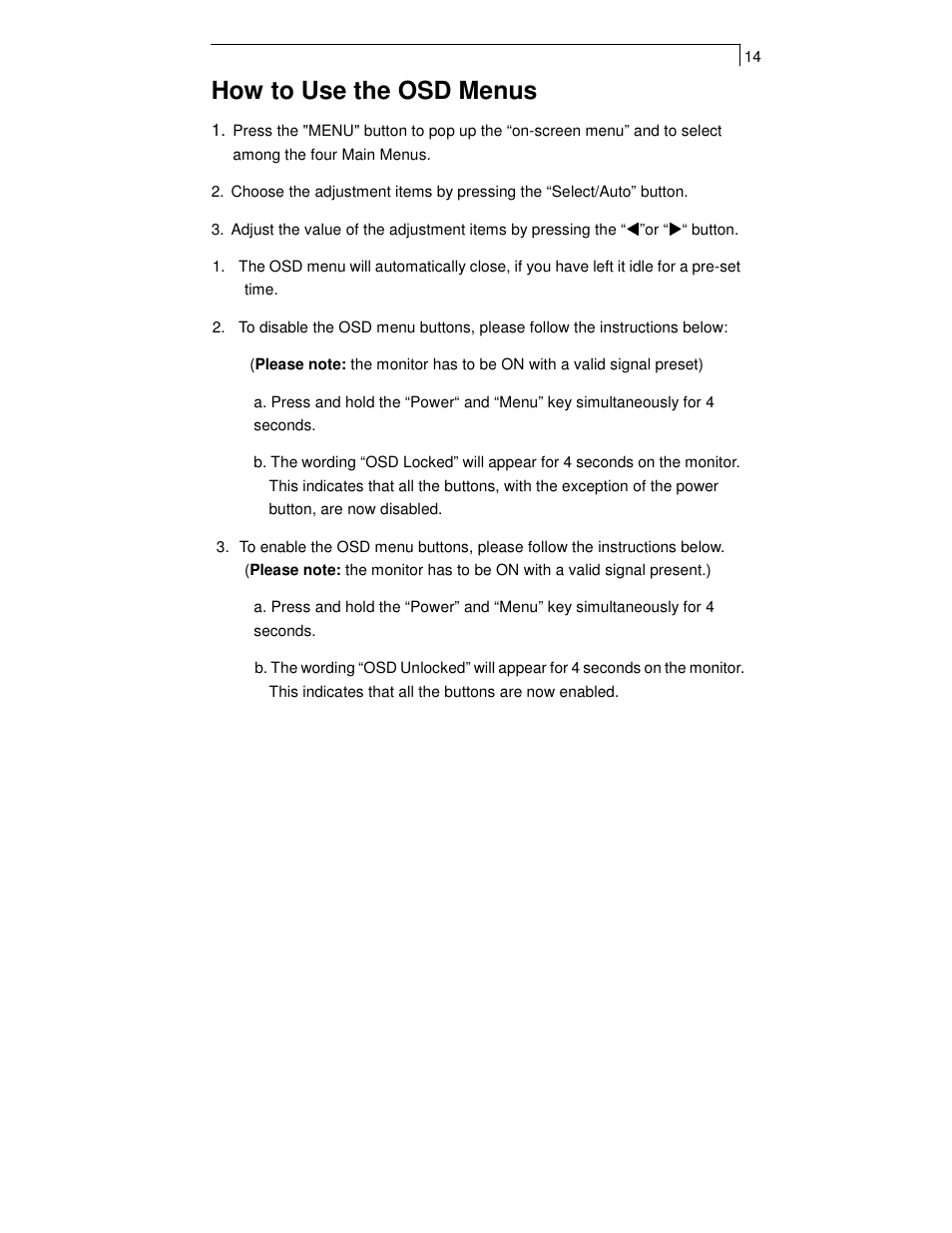 How to use the osd menus | Planar TOUCH SCREEN LCD MONITORS PT1700MX User Manual | Page 16 / 28