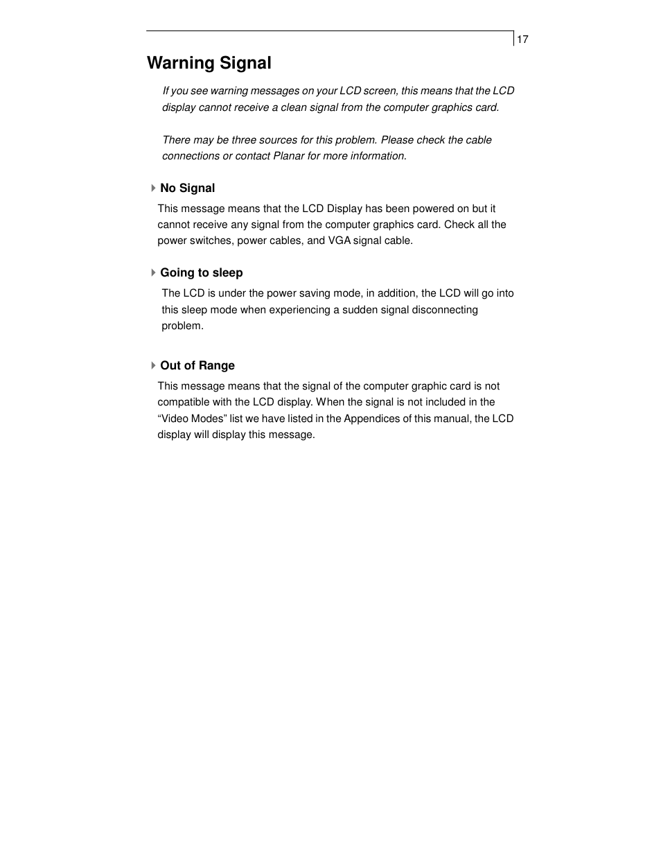 Warning signal | Planar TOUCH SCREEN LCD MONITORS PT1700MX User Manual | Page 19 / 28