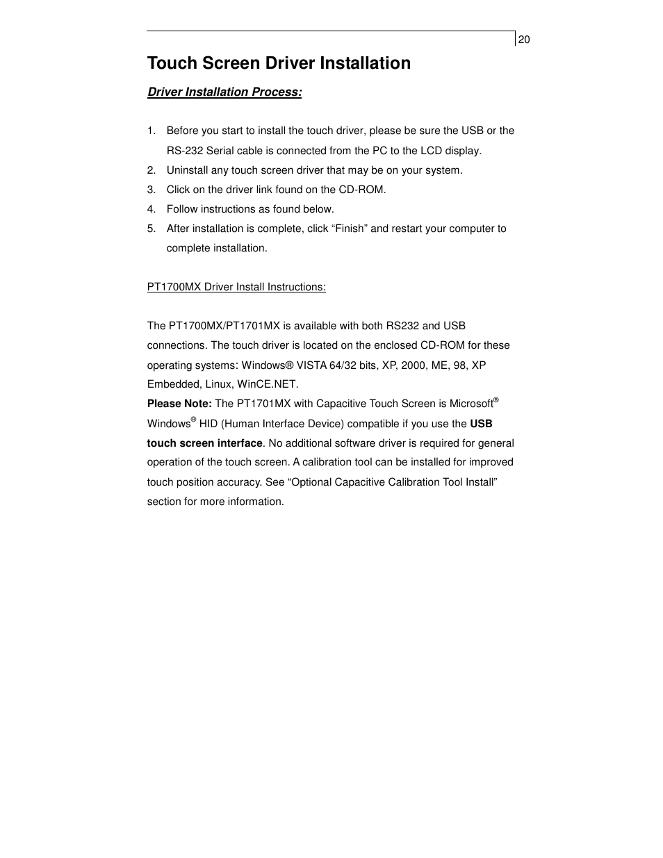 Touch screen driver installation | Planar TOUCH SCREEN LCD MONITORS PT1700MX User Manual | Page 22 / 28