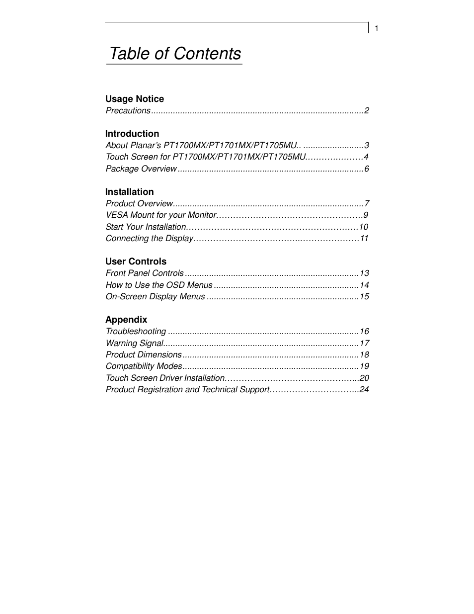 Planar TOUCH SCREEN LCD MONITORS PT1700MX User Manual | Page 3 / 28