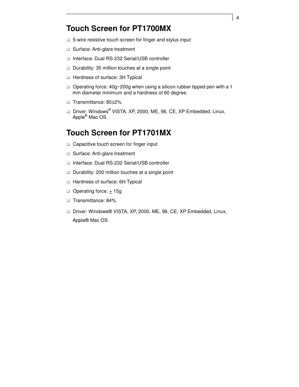 Touch screen for pt1700mx, Touch screen for pt1701mx | Planar TOUCH SCREEN LCD MONITORS PT1700MX User Manual | Page 6 / 28