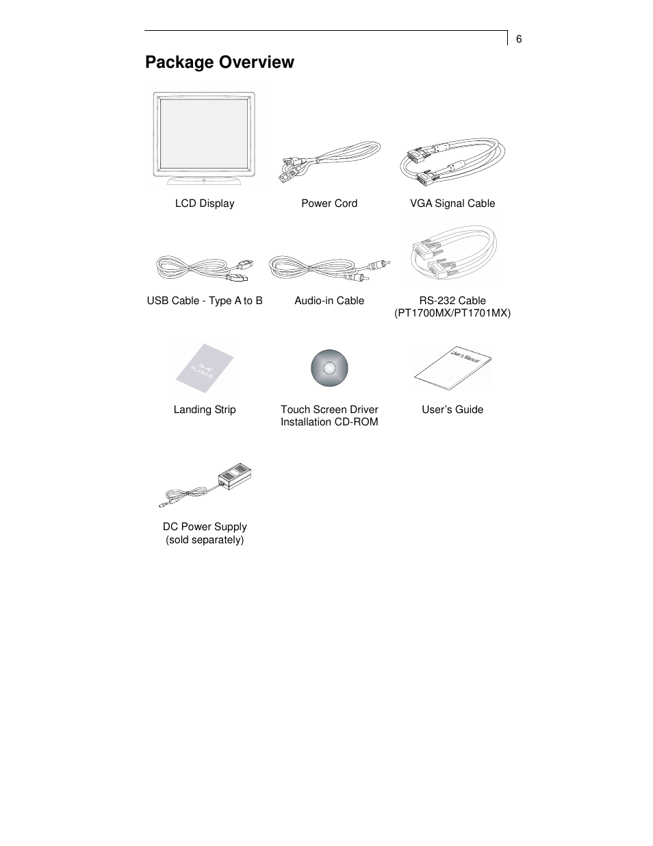 Package overview | Planar TOUCH SCREEN LCD MONITORS PT1700MX User Manual | Page 8 / 28