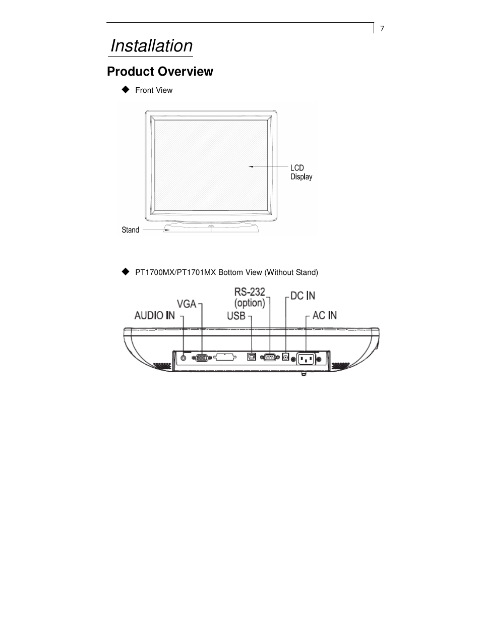 Installation, Product overview | Planar TOUCH SCREEN LCD MONITORS PT1700MX User Manual | Page 9 / 28