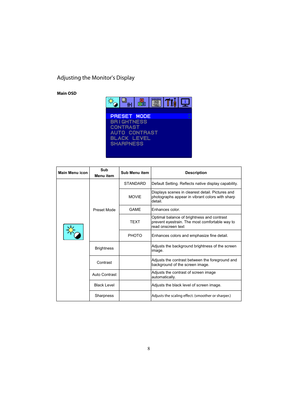 Adjusting the monitor's display | Planar PL2010MW User Manual | Page 9 / 18