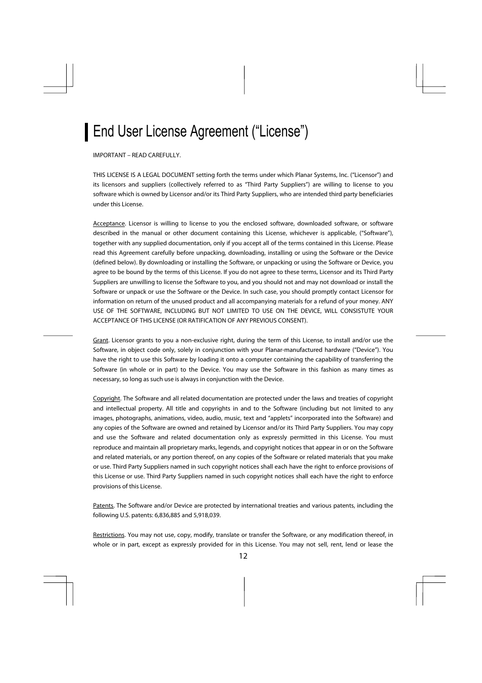 End user license agreement (“license”) | Planar ND1950 User Manual | Page 14 / 16
